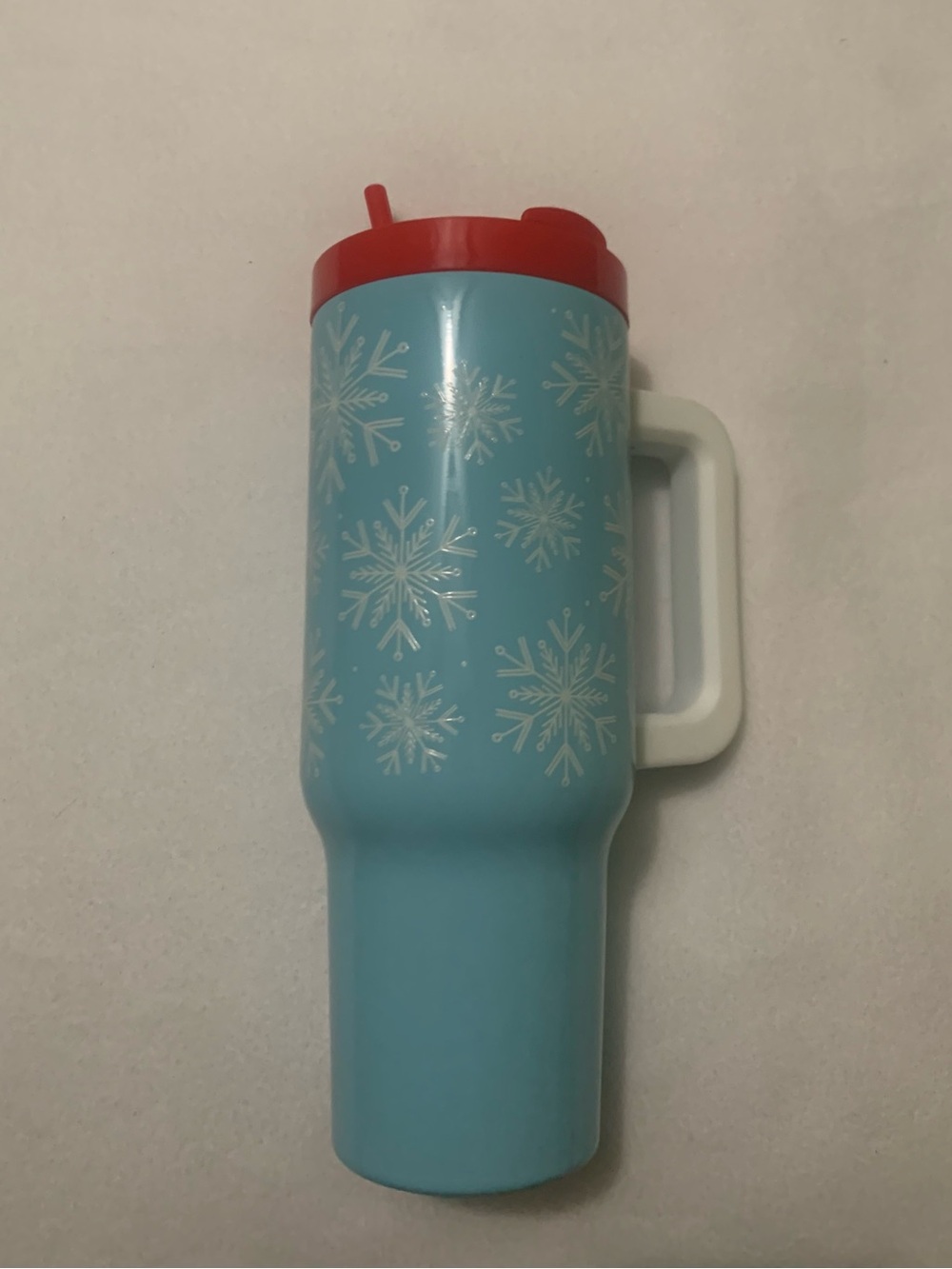 Hobby Lobby Light Blue Snowflake  Tumbler with Red Lid and White Handle 40oz